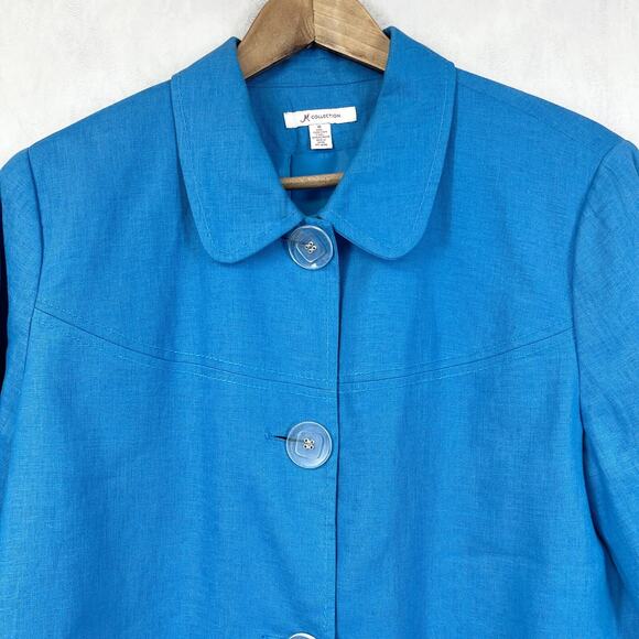 JM Collection‎ Women Jacket 16 Linen Blue 3/4 Sleeve Coastal Classic Boxy READ - Picture 2 of 9